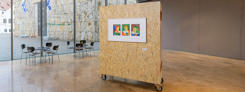 Installation view in the foyer of the Jewish Museum Munich with three colourful watercolours of the "Drei Schwestern \ Three Sisters", © Sebastian Jung 2023, Photo: Jewish Museum Munich / Daniel Schvarcz 
