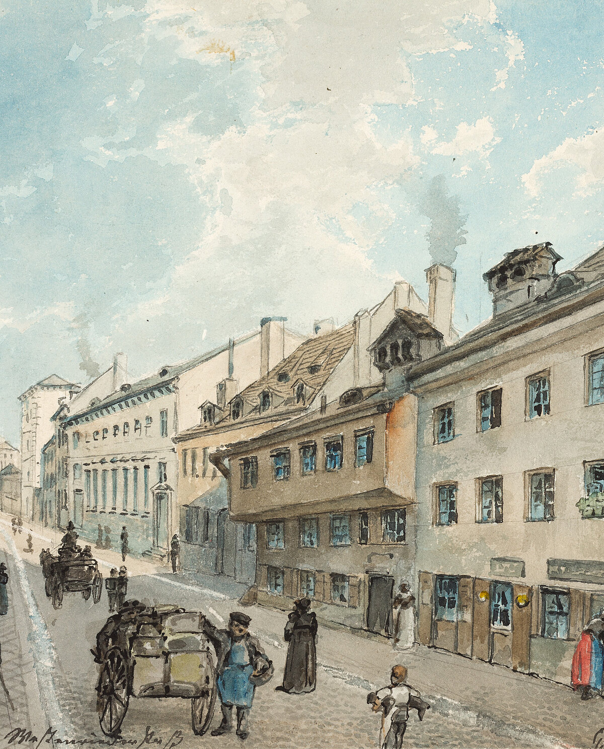 Aquarell in Pastelltönen, zu sehen ist eine Straßenszene mit der Synagoge in der Westenriederstraße im 19. Jahrhundert