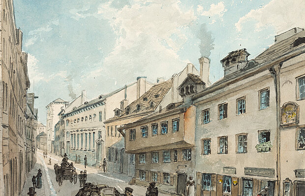 Aquarell in Pastelltönen, zu sehen ist eine Straßenszene mit der Synagoge in der Westenriederstraße im 19. Jahrhundert