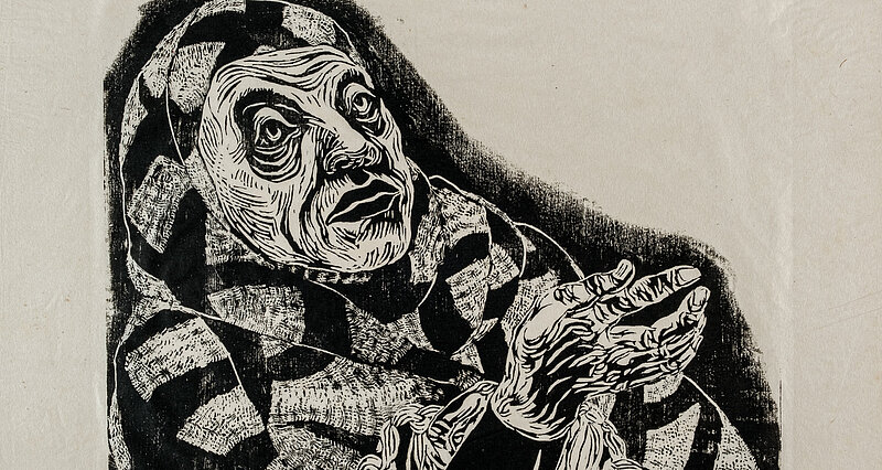 Maria Luiko, Bettlerin, um 1935, Holzschnitt auf Papier, zu sehen eine Frau mit bittenden Händen, Foto: Franz Kimmel, Jüdisches Museum München, Sammlung Maria Luiko