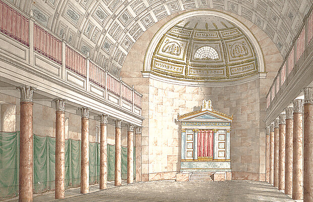 Aquarell in Pastelltönen mit Innenansicht der Münchner Synagoge an der Westenriederstraße von 1825