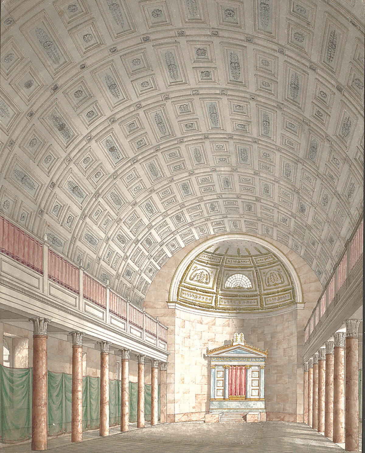 Aquarell in Pastelltönen mit Innenansicht der Münchner Synagoge an der Westenriederstraße von 1825